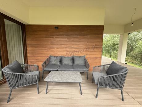 Antracytowe nowoczesne meble ogrodowe metalowe rope style z sofą, fotelami i stolikiem kawowym Kostto Cafe