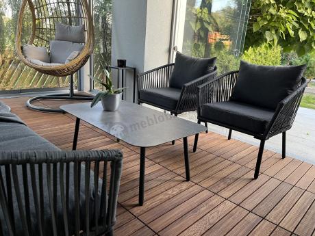 Antracytowe nowoczesne meble ogrodowe metalowe rope style z sofą, fotelami i stolikiem kawowym Kostto Cafe