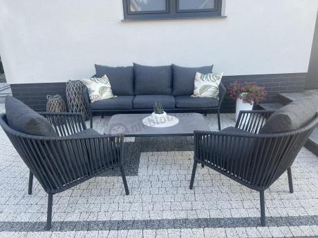 Antracytowe nowoczesne meble ogrodowe metalowe rope style z sofą, fotelami i stolikiem kawowym Kostto Cafe