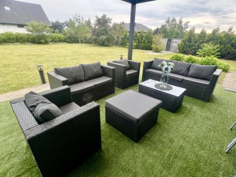 Antracytowy zestaw ogrodowy z technorattanu dla 8 osób