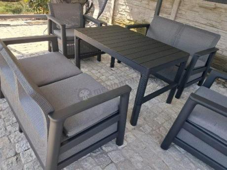 Ażurowe meble tarasowe Scali Fiesta grafit dla 6 osób ze stołem regulowanym