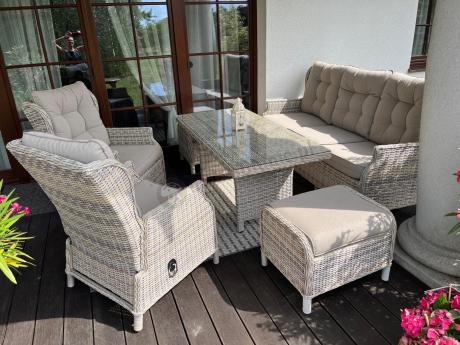 Beżowe meble na taras z wysokim stołem i regulowanymi fotelami - Laritto Dining - Beige