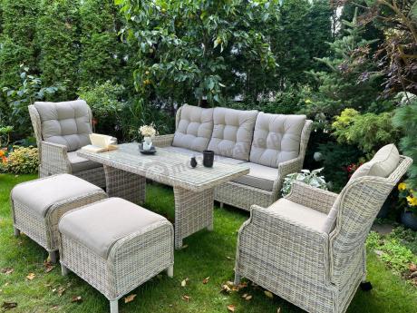 Beżowe meble na taras z wysokim stołem i regulowanymi fotelami - Laritto Dining - Beige