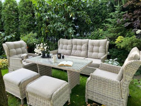 Beżowe meble na taras z wysokim stołem i regulowanymi fotelami - Laritto Dining - Beige