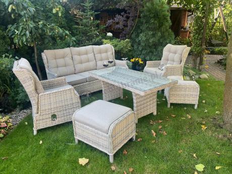 Beżowe meble na taras z wysokim stołem i regulowanymi fotelami - Laritto Dining - Beige