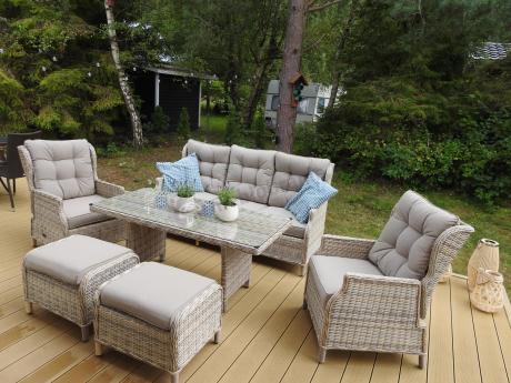 Beżowe meble na taras z wysokim stołem i regulowanymi fotelami - Laritto Dining - Beige