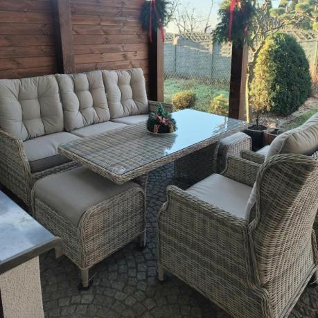 Beżowe meble na taras z wysokim stołem i regulowanymi fotelami - Laritto Dining - Beige