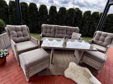 Beżowe meble na taras z wysokim stołem i regulowanymi fotelami - Laritto Dining - Beige