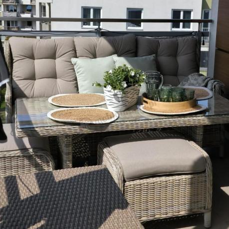 Beżowe meble na taras z wysokim stołem i regulowanymi fotelami - Laritto Dining - Beige