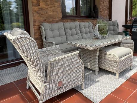 Beżowe meble na taras z wysokim stołem i regulowanymi fotelami - Laritto Dining - Beige