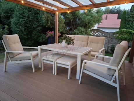 Beżowy komplet aluminiowych mebli na taras dla 7 osób - sofa 200cm, fotele i pufy - Tavaro