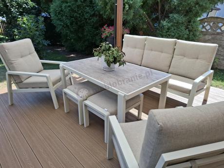 Beżowy komplet aluminiowych mebli na taras dla 7 osób - sofa 200cm, fotele i pufy - Tavaro