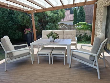 Beżowy komplet aluminiowych mebli na taras dla 7 osób - sofa 200cm, fotele i pufy - Tavaro