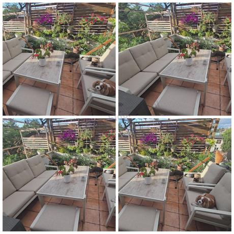 Beżowy komplet aluminiowych mebli na taras dla 7 osób - sofa 200cm, fotele i pufy - Tavaro