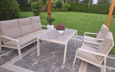 Beżowy komplet aluminiowych mebli na taras dla 7 osób - sofa 200cm, fotele i pufy - Tavaro