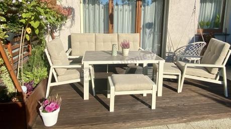 Beżowy komplet aluminiowych mebli na taras dla 7 osób - sofa 200cm, fotele i pufy - Tavaro