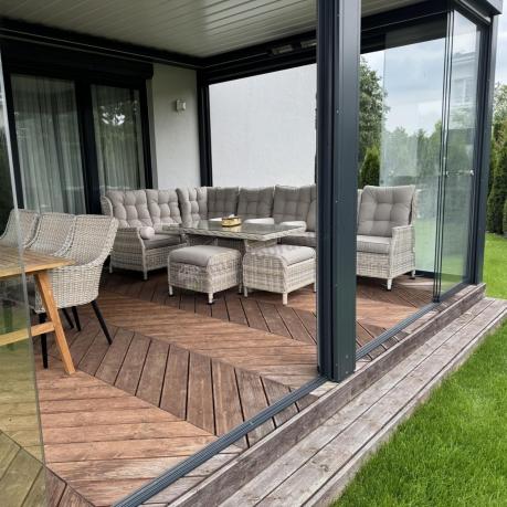 Beżowy narożnik ogrodowy z wysokim stołem i fotelem - Laritto Corner