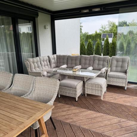 Beżowy narożnik ogrodowy z wysokim stołem i fotelem - Laritto Corner