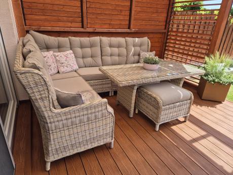 Beżowy narożnik ogrodowy z wysokim stołem i fotelem - Laritto Corner