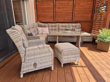 Beżowy narożnik ogrodowy z wysokim stołem i fotelem - Laritto Corner