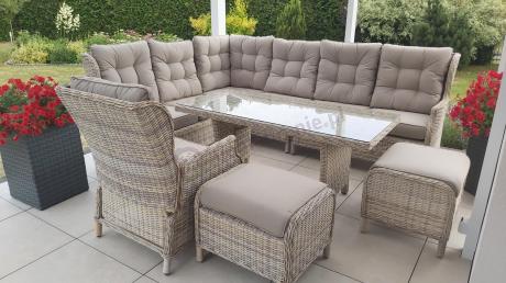 Beżowy narożnik ogrodowy z wysokim stołem i fotelem - Laritto Corner