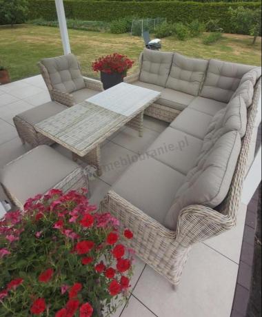 Beżowy narożnik ogrodowy z wysokim stołem i fotelem - Laritto Corner