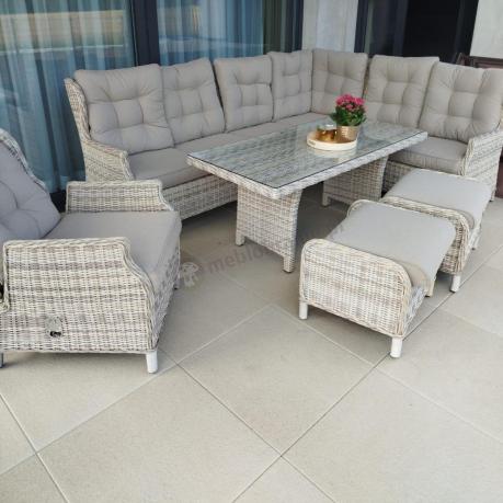 Beżowy narożnik ogrodowy z wysokim stołem i fotelem - Laritto Corner