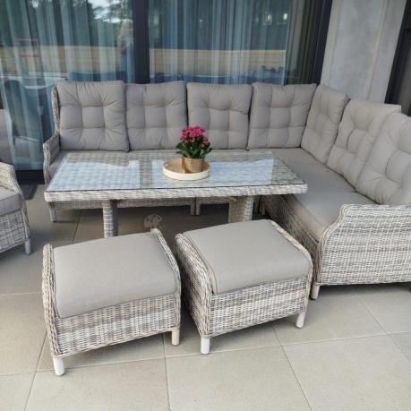 Beżowy narożnik ogrodowy z wysokim stołem i fotelem - Laritto Corner