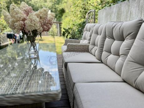 Beżowy narożnik ogrodowy z wysokim stołem i fotelem - Laritto Corner