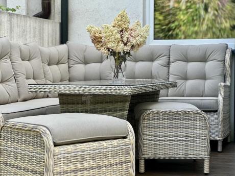 Beżowy narożnik ogrodowy z wysokim stołem i fotelem - Laritto Corner