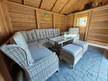 Beżowy narożnik ogrodowy z wysokim stołem i fotelem - Laritto Corner