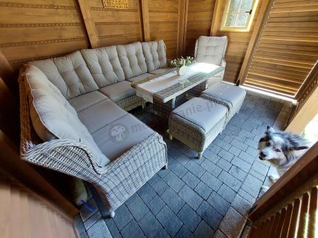 Beżowy narożnik ogrodowy z wysokim stołem i fotelem - Laritto Corner