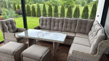 Beżowy narożnik ogrodowy z wysokim stołem i fotelem - Laritto Corner