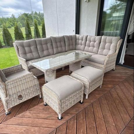 Beżowy narożnik ogrodowy z wysokim stołem i fotelem - Laritto Corner