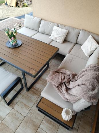 Beżowy narożnik wypoczynkowy ze stołem obiadowym na taras Panaon Corner XL Light Beige Teak
