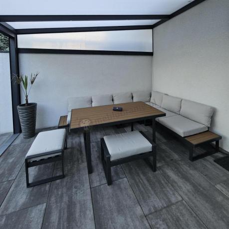 Beżowy narożnik wypoczynkowy ze stołem obiadowym na taras Panaon Corner XL Light Beige Teak