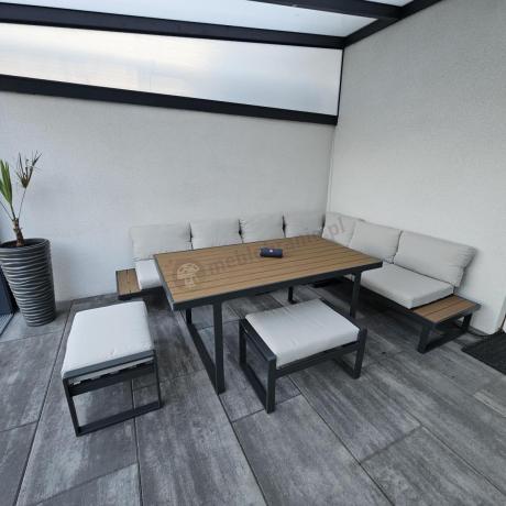 Beżowy narożnik wypoczynkowy ze stołem obiadowym na taras Panaon Corner XL Light Beige Teak