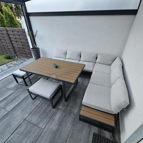 Beżowy narożnik wypoczynkowy ze stołem obiadowym na taras Panaon Corner XL Light Beige Teak