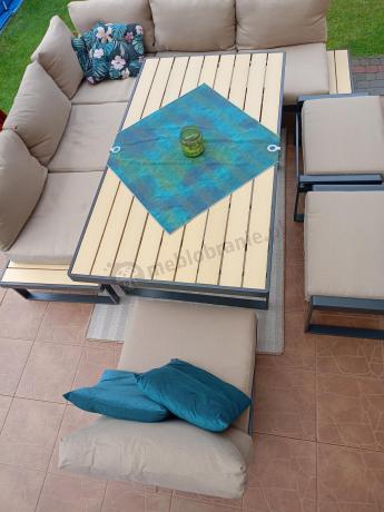 Beżowy narożnik wypoczynkowy ze stołem obiadowym na taras Panaon Corner XL WB