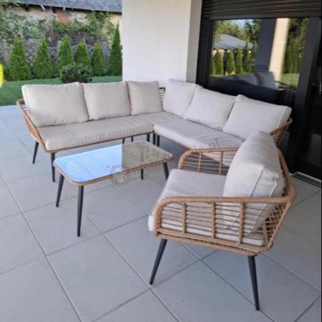 Beżowy narożnik z fotelem na taras w stylu boho - Torgiano Corner - Brown