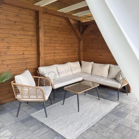 Beżowy narożnik z fotelem na taras w stylu boho - Torgiano Corner - Brown