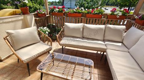 Beżowy narożnik z fotelem na taras w stylu boho - Torgiano Corner - Brown