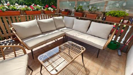 Beżowy narożnik z fotelem na taras w stylu boho - Torgiano Corner - Brown