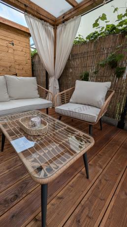 Beżowy narożnik z fotelem na taras w stylu boho - Torgiano Corner - Brown