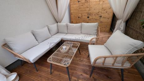 Beżowy narożnik z fotelem na taras w stylu boho - Torgiano Corner - Brown