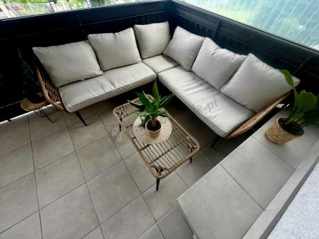 Beżowy narożnik z fotelem na taras w stylu boho - Torgiano Corner - Brown