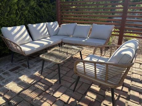 Beżowy narożnik z fotelem na taras w stylu boho - Torgiano Corner - Brown