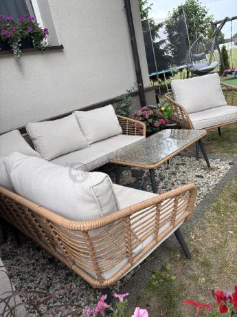 Beżowy narożnik z fotelem na taras w stylu boho - Torgiano Corner - Brown