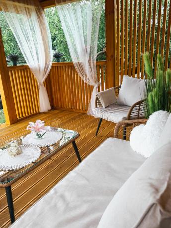 Beżowy narożnik z fotelem na taras w stylu boho - Torgiano Corner - Brown