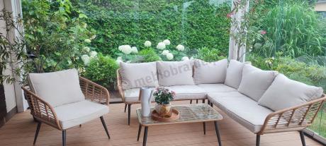 Beżowy narożnik z fotelem na taras w stylu boho - Torgiano Corner - Brown